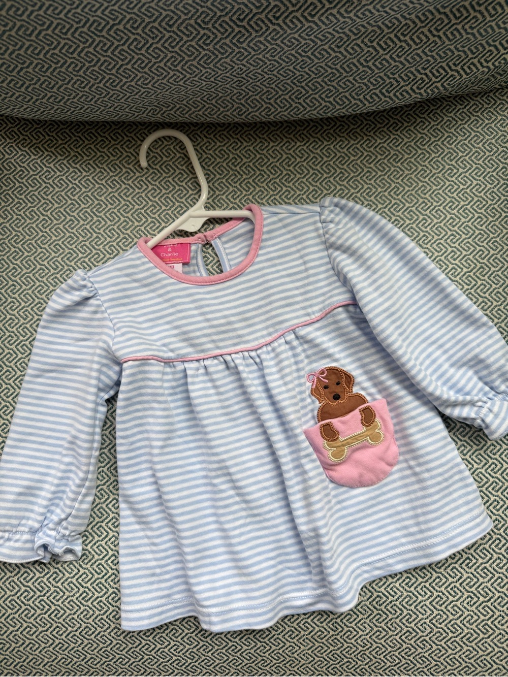 Claire & Charlie Boutique Blue &White Striped Cotton Top with Pink Pocket Puppy